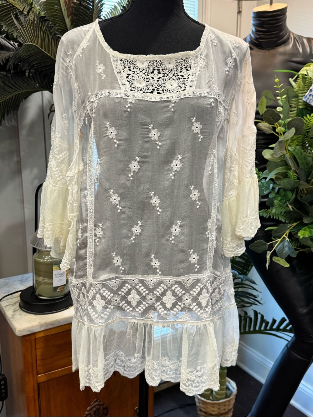 Boho White embroidery sheer Women's top